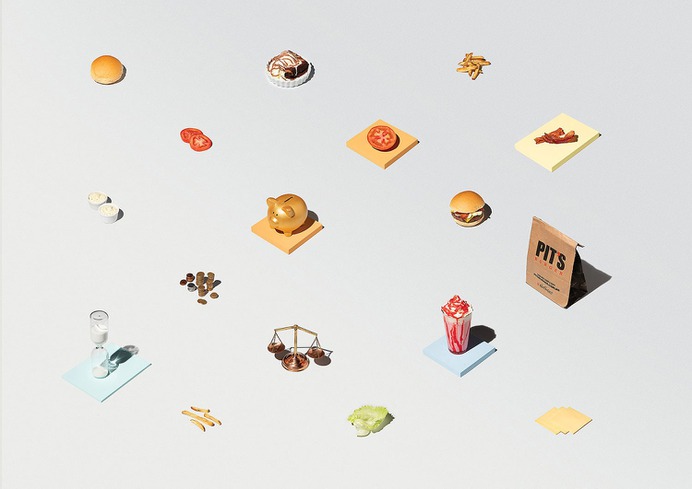 Pit's Burger Content - Mindsparkle Mag Asa Onze Creative Studio developed a series of photos and videos for a Burger Shop in Brasil called Pit's Burger. The client wanted something minimalistic, so the studio created a surreal yet simple environment, where bacons fly and food can be balanced on a coin. #logo #packaging #identity #branding #design #color #photography #graphic #design #gallery #blog #project #mindsparkle #mag #beautiful #portfolio #designer