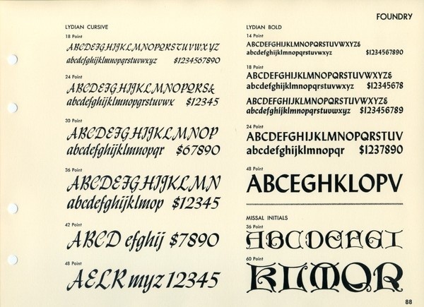 Warren Chappell designed Lydian in 1938, the bold in 1939, and Lydian Cursive in 1940.Missal Initials were designed by Will Bradley in 1904. #type #specimen #typography