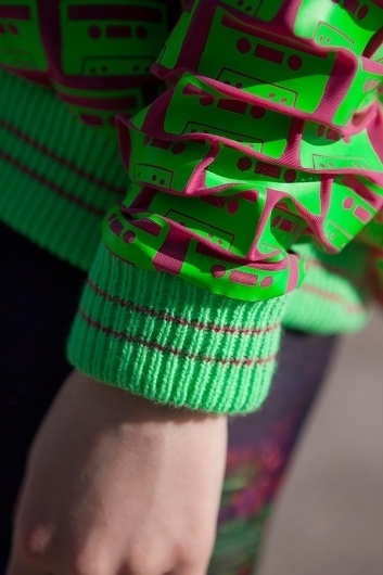 Details - Bethan Heslop — Graduate Collection #model #pink #neon #print #jeans #varsity #sportswear #hat #fashion #green