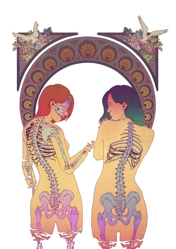 forbidden_love by JAIRO SOUZA @Jaaaiiro #illustration #retro #naked #skeleton #girls