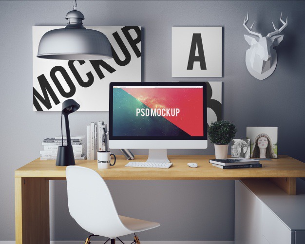 Computer on wooden desk mock up Premium Psd. See more inspiration related to Mockup, Computer, Template, Web, Website, Mock up, Desk, Wooden, Templates, Website template, Mac, Screen, Mockups, Up, Computer screen, Web template, Realistic, Real, Web templates, Mock ups, Mock and Ups on Freepik.