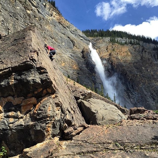 Bouldering at Takakkaw Falls, BC.