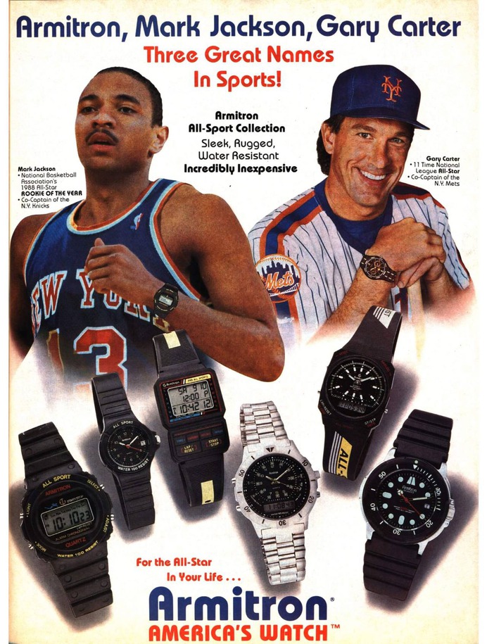 Retro Sports Ad #24, Armitron, Mark Jackson (New York Knicks) and Gary Carter (New York Mets), Sports Illustrated December 5, 1988.