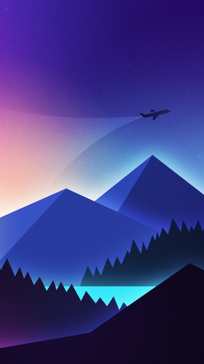 Minimalism, airplane over mountains, gradient wallpaper, background