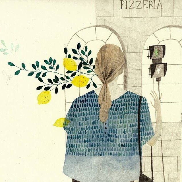 Yesterday, when I crossed the street, the girl in front of me was smelling like lemon and it felt like spring and it was beautiful ! I didn' #smell #watercolour #illustration #winsorandnewton #edinburgh #street #saintandrewsquare #lemon #pencil #character #gouache #citron