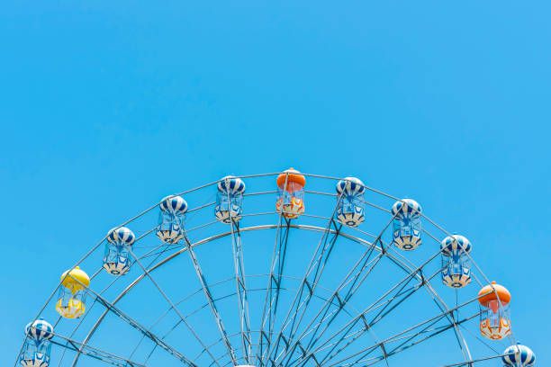 Close up of ferris wheel on blue sky. Travel, freedom, lifestyle concept. Vintage tone filtered.