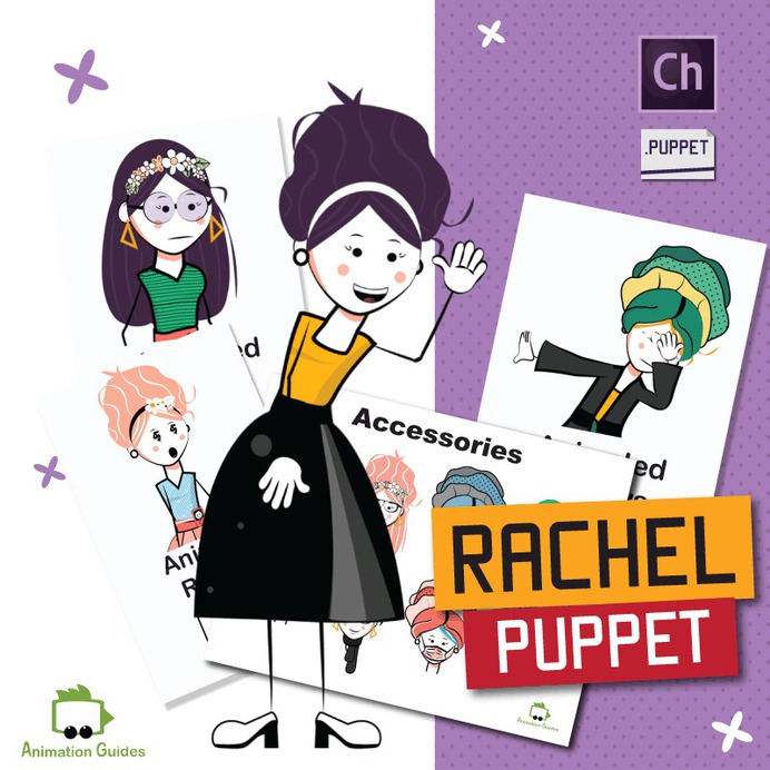 Rachel Female Stick Puppet for Adobe Character Animator. Download this stylish and highly customizable female stick figure puppet for Adobe Character Animator. Rachel can follow your head movements, lip-sync your voice, walk, gesture, and perform premade animations. Includes dozens of facial elements, outfits, and accessories you can mix and match.