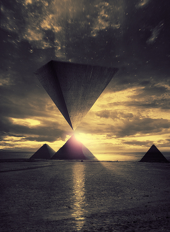 "Awakening" by Pierre-Alain D. #sun #fiction #landscape #scifi #sand #aliens #ancient #pyramid #science #surreal #light #ufo #desert
