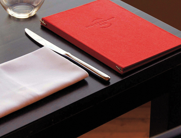 Menu cover with blind debossed textile detail designed by Uniform for recently refurbished Norwegian restaurant Ingierstrand Bad #oslo #uniformno #uniform