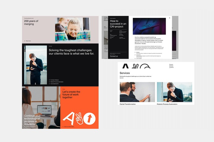 New logo, custom typeface, posters, banners, supergraphics and tote bags for Nordic technology and management consultancy Avo designed by Blee