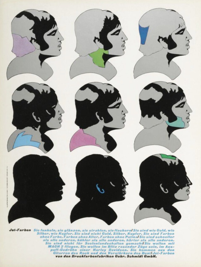 Milton Glaser, ad illustration for printing colors, 1971. Design Olaf Leu. From Graphis. Source