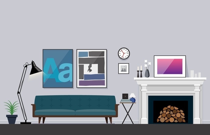 Living Room Illustration – Nathan Manire #couch #retro #icons #theme #illustration #vintage #midcentruy #decoration #modern #design #color #geometric #series #fireplace #room #eames #flat #soundfreaq #interior #decor #home #simple #livingroom
