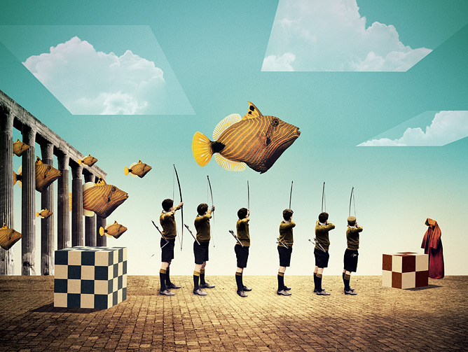 Julien Pacaud / Tutorials / colagene.com #army #sky #dali #fish #men #arrow #surrealistic #cube
