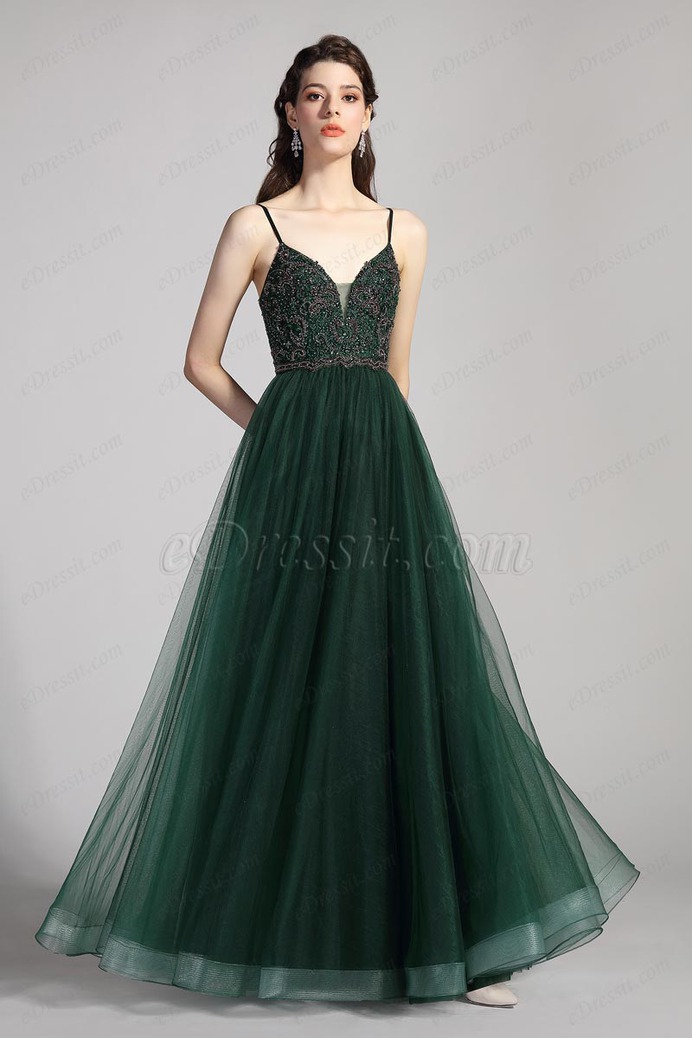 eDressit Spaghetti Straps V-Cut Beads Tulle Party Evening Dress (00208404)