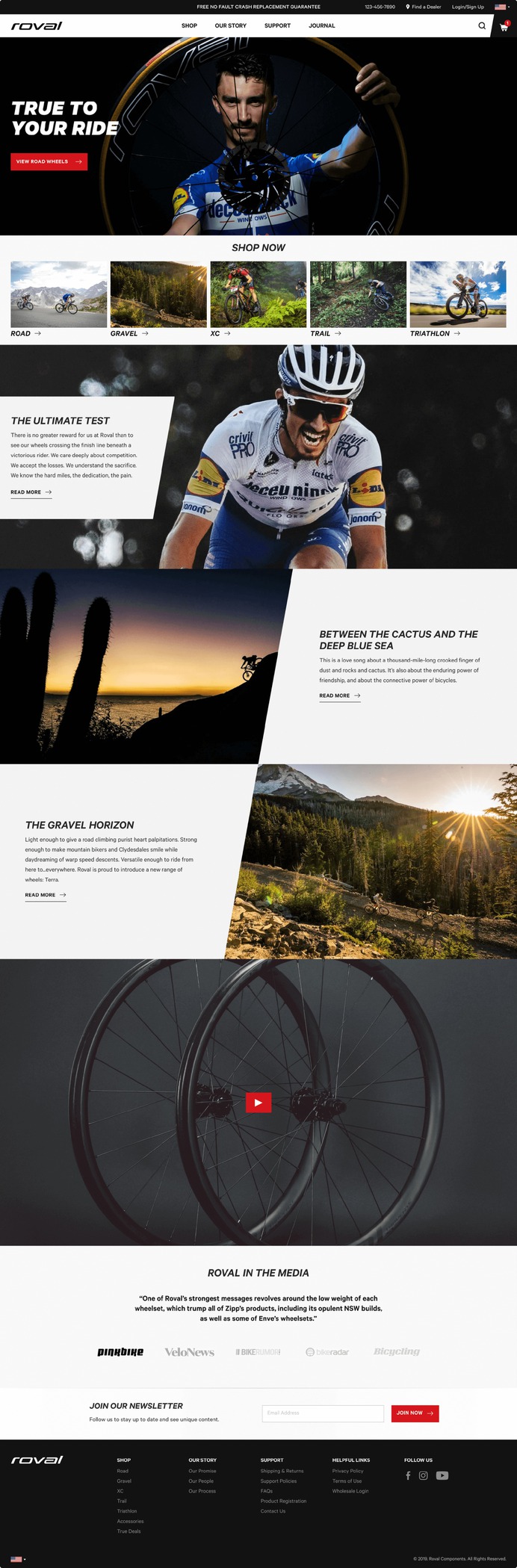 The final design for the homepage of Roval's website featuring different types of riders and journal articles. 