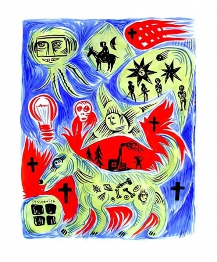 bright paper on Illustration Served #red #cross #yellow #painting #blue #bones #dog