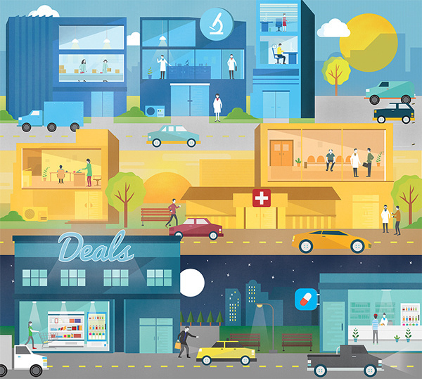 City That Never Sleeps on Behance #flat #pharmacy #city #commercial #night #illustration #day