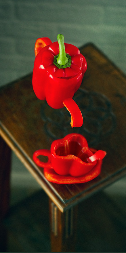 Bell Pepper Brew made by Robbin Veldman http://www.robbinveldman.nl #hover #set #floating #wood #vegetable #green #bell #botanical #red #robbin #flying #flowing #nijverdal #free #vegetables #photography #wall #table #life #brick #pepper #experimental #float #paprika #tea #dramatic #teapot #veldman #still