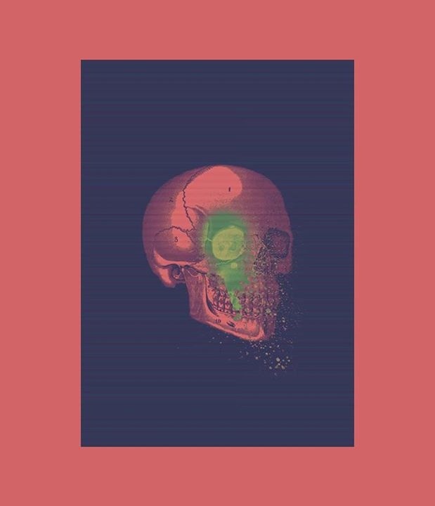 Collage composition, taking basic elements as a vintage skull image and some spray graffiti brushes. Creating in that way a colourful x-ray