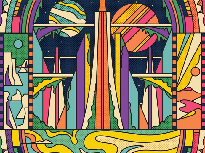Journey to the Future universe space future city ice desert sun jupiter bright city future moon planets pattern vintage retro graphic vector texture illustration