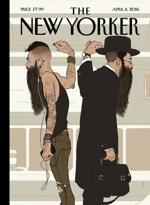 New Yorker cover by Tomer Hunaka. New york subway scene hipster and orthodox beard
