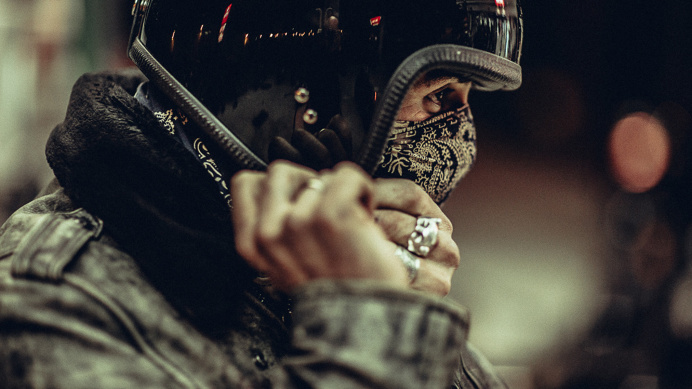motorcycle, helmet, bandanna, riding, ride, ready
