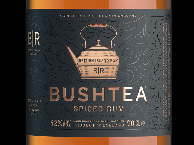 Bushtea Spiced Rum #rum #england #bottle #spirits #packaging #craft #black #gold #foil