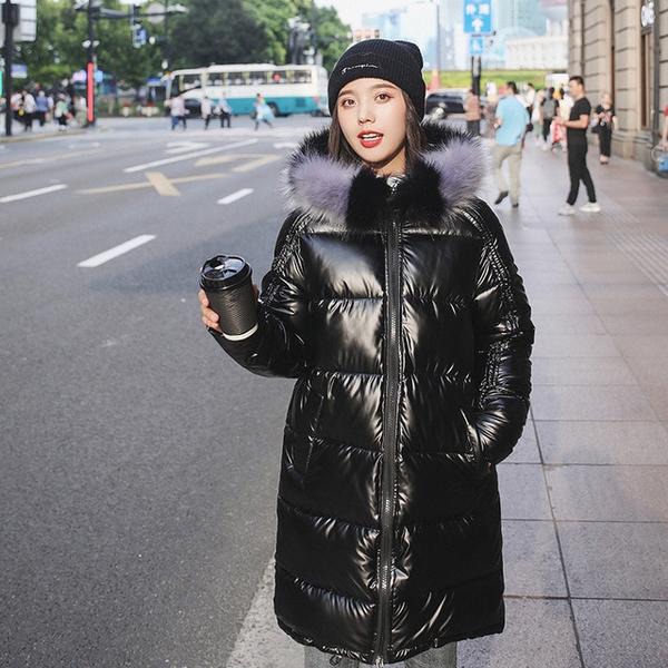 New Fashion Waterproof Glossy Down Parkas Womens Winter Jackets Warm Big Fur Collar Windproof Ladies Medium Long Hooded Coats
