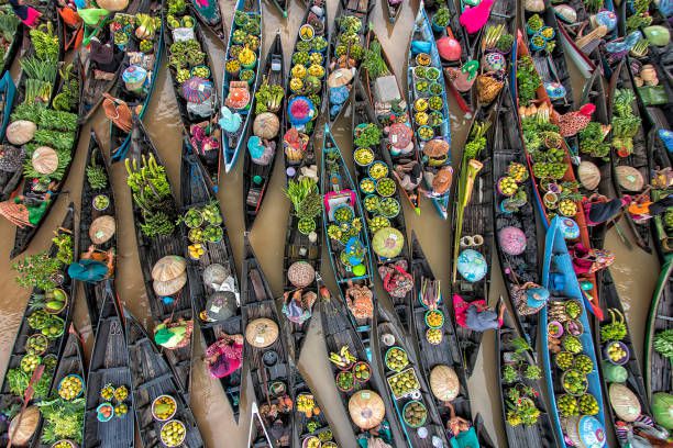 High Angle View Of Food In Boat Over Lake