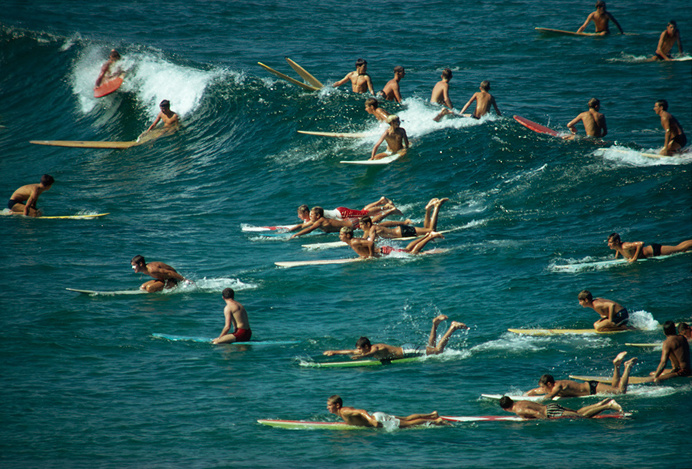 Surfers overpopulate the waves off of Bondi Beach in Australia, 1963. Photograph by Robert B. Goodman, National Geographic Creative