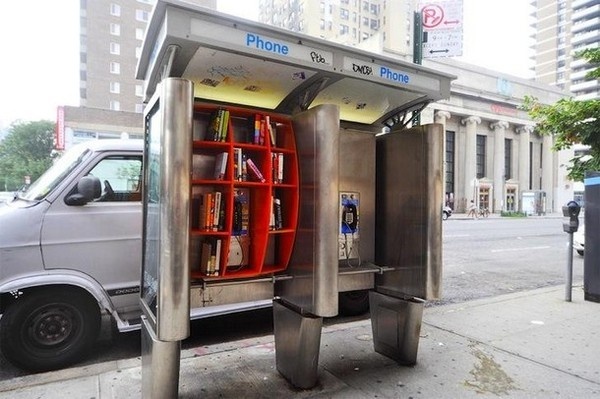 John Locke creative phone booth libraries in one #phone #public #booth #art #street #exterior #telephone