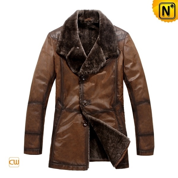 Leather Shearling Lined Coat CW819072 - cwmalls.com #shearling #coat
