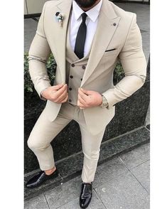 Peak Lapel Beige Wedding Tuxedo Three Pieces Groom Suits CB674