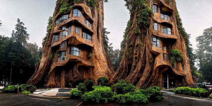 Conceptual renderings of Symbiotic Architecture. Created by architect and computational designer Manas Bhatia. Created using the artificial intelligence tool Midjourney.