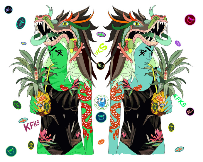Waladli/ Leeward Islands girl. by Nastya KFKS. #illustration #art #linework #green #island #surf #kfksstore #kfkssurf #dragon