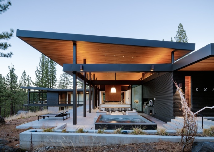 Martis Camp Residence 1 outdoor patio designed by John Maniscalco Architecture PHOTOGRAPHER: Joe Fletcher