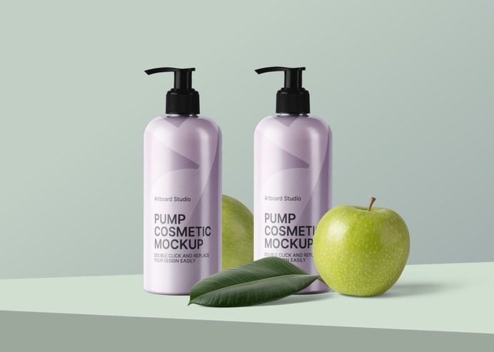 Customize the pump cosmetic bottle mockup items. Place your own label designs, move items around and change the environment colors. Create your own pump bottle mockup scene. #mockup #package #pumpbottle #cosmetics #skincare #package #label #branding #logo