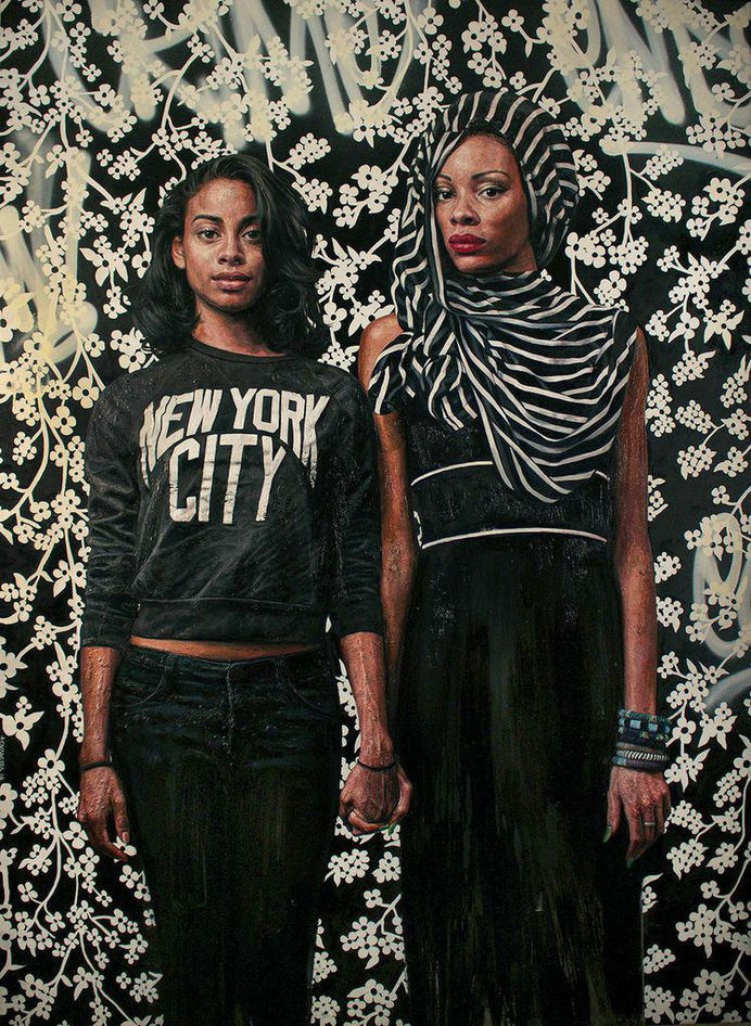 On View: "Love, Strength, and Soul" by Tim Okamura at Yeelen Gallery | Hi-Fructose Magazine #white #floral #black #women #portrait #painting #stripe