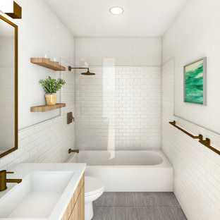 Inspiration for a small modern white tile and subway tile cement tile floor and gray floor bathroom remodel in New York with flat-panel cabinets, medium tone wood cabinets, white walls, an undermount sink, engineered quartz countertops and white countertops