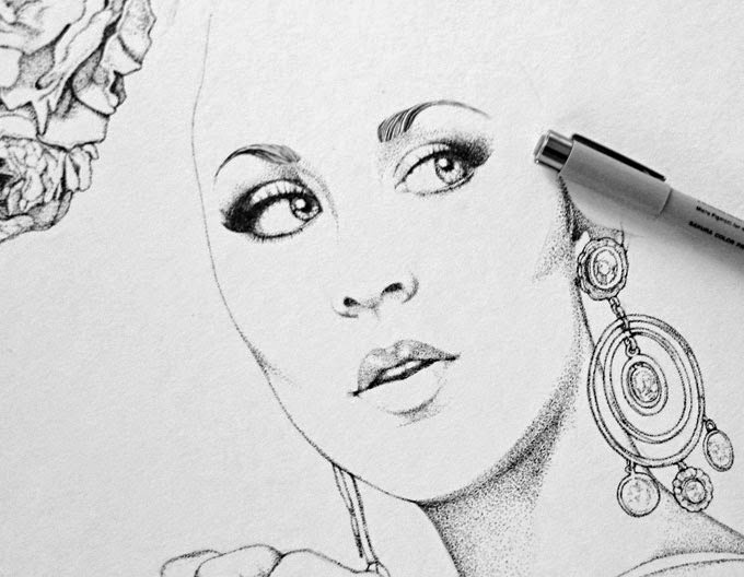 Ëlodie, colagene.com #ink #eyes #earrings #details #portrait #jewelry #pen #face #dot #beauty