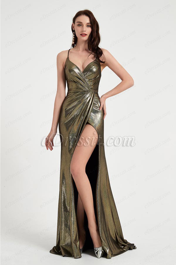 eDressit Gold Spaghetti V-Cut High Slit Shiny Party Ball Dress (00203024)