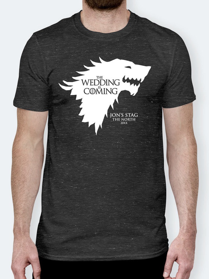 Game Of Thrones stag t-shirt design with "The wedding is coming" printed instead of "Winter is coming". House Stark logo style.