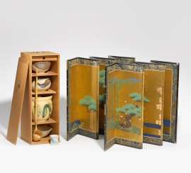 Pair of miniature-set screens with pine trees