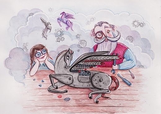 Zaczarowana Walizka #clouds #machine #mechanism #pegasus #grandpa #workshop #illustration #wings #watercolor #pony #watercolour