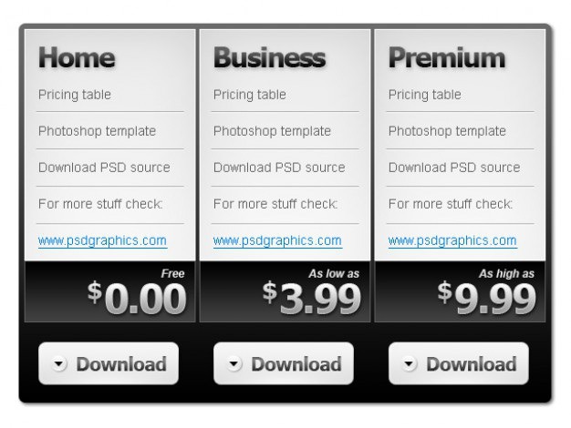 Black and white pricing table psd template Free Psd. See more inspiration related to Template, Table, Black, Web, White, Psd, Website template, Price table, Blank, Pricing and Horizontal on Freepik.