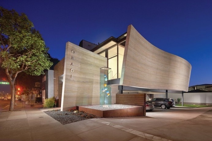 Silver Travertine Walls Sheltering Obagi Skin Health Institute in California #architecture