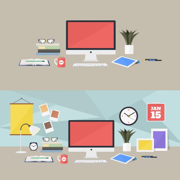 Coloured workplaces design Free Psd. See more inspiration related to Design, Computer, Office, Color, Flat, Desk, Tablet, Flat design, Workplace, Colour, Workspace, Office desk, Colored, Coloured and Workplaces on Freepik.