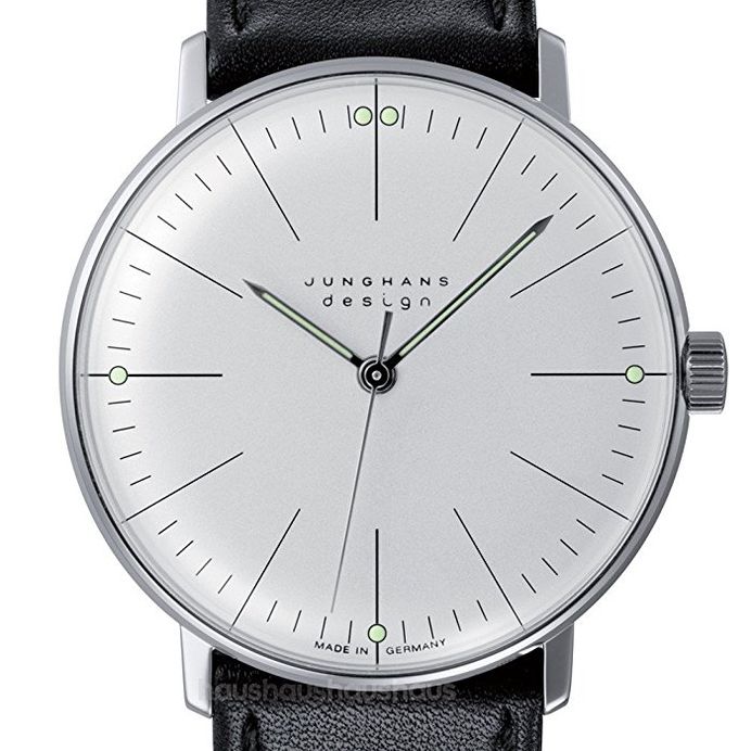 MAX Bill Manual Lines Watch, White Face, Black Leather Band 34 mm
