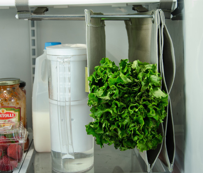 Fabrack is an expandable, hanging storage solution for the refrigerator, that prevents food from being crushed or forgotten. #abrack #veggie #family #vegetable #water #fruit #trash #waste #food #organize #display #preserve #kitchen #foodwaste #produce #organization