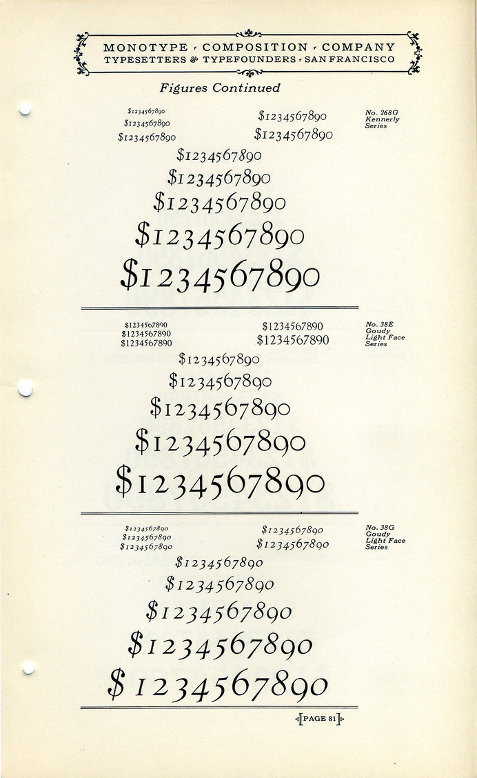 This vintage font specimen showcases Kennerly and Goudy Light Face old style figures #numbers #type #specimen #goudy